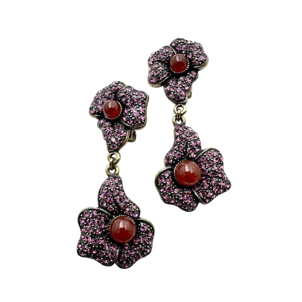 Heidi Daus Purple Crystal Red Carnelian Bronze Clip Earrings Chandelier 2 Inch - Picture 2 of 3